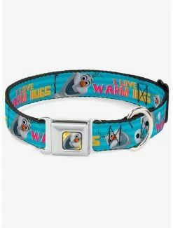 Cheap 🌟 Disney Frozen Olaf Pose I Love Warm Hugs Stripe Blues Seatbelt Buckle 🐶 Dog Collar 😍