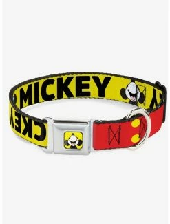Buy 🔥 Disney Mickey Smiling Up Pose Flip Buttons Yellow Black Red Seatbelt Buckle 🐕 Dog Collar 🔔