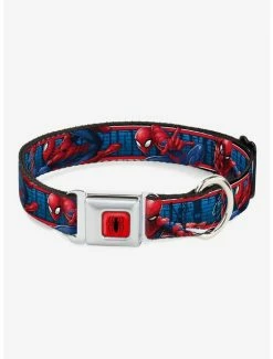 Deals ❤️ Marvel Spider-Man 3 Action Poses Bricks Stripe Blues Red White Seatbelt Buckle 🐕 Dog Collar ⭐