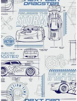 Promo 🤩 Disney Pixar Cars Blue And White Schematic Peel & Stick Wallpaper 🤩