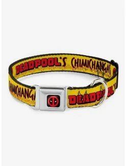 Best Pirce ⌛ Marvel Deadpool Chimichangas Flames Yellow Black Red Seatbelt 🦮 Dog Collar 🧨