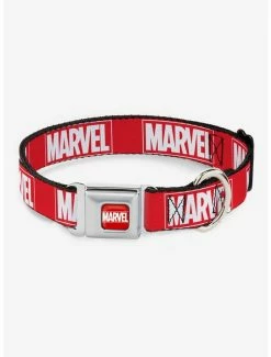 Best deal ⌛ Marvel Red Brick Logo Red White Seatbelt 🦮 Dog Collar 🔔