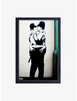 Budget 🛒 Banksy Kissing Coppers Framed Wood Wall Art ⌛