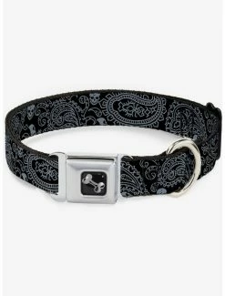 New 🎁 Bandana Skull Print Seatbelt 🦮 Dog Collar Black Silver 🧨