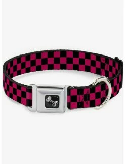 Best Sale 🛒 Checker Print Seatbelt 🐕 Dog Collar Neon Pink 🔥