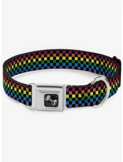 Discount 👏 Checker Print Seatbelt 🐕 Dog Collar Neon Rainbow 🔔