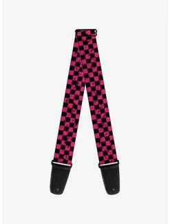 Promo 🛒 Distressed Checker Print Guitar Strap Neon Pink 😀