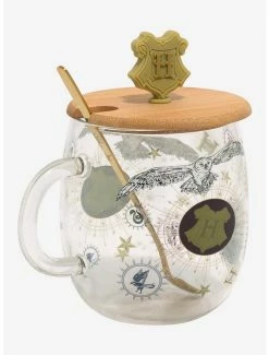 Cheap ✔️ Harry Potter Hogwarts Glass Mug With Lid & Stirring Spoon 🔥